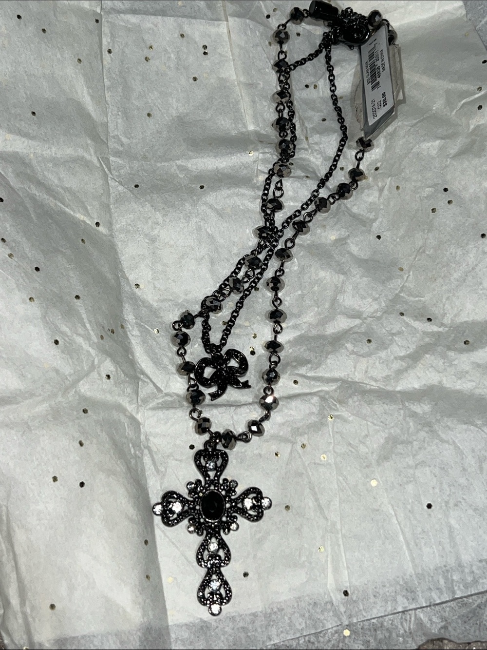 Guess Black Crystal Cross Pendant Layered Necklace heart